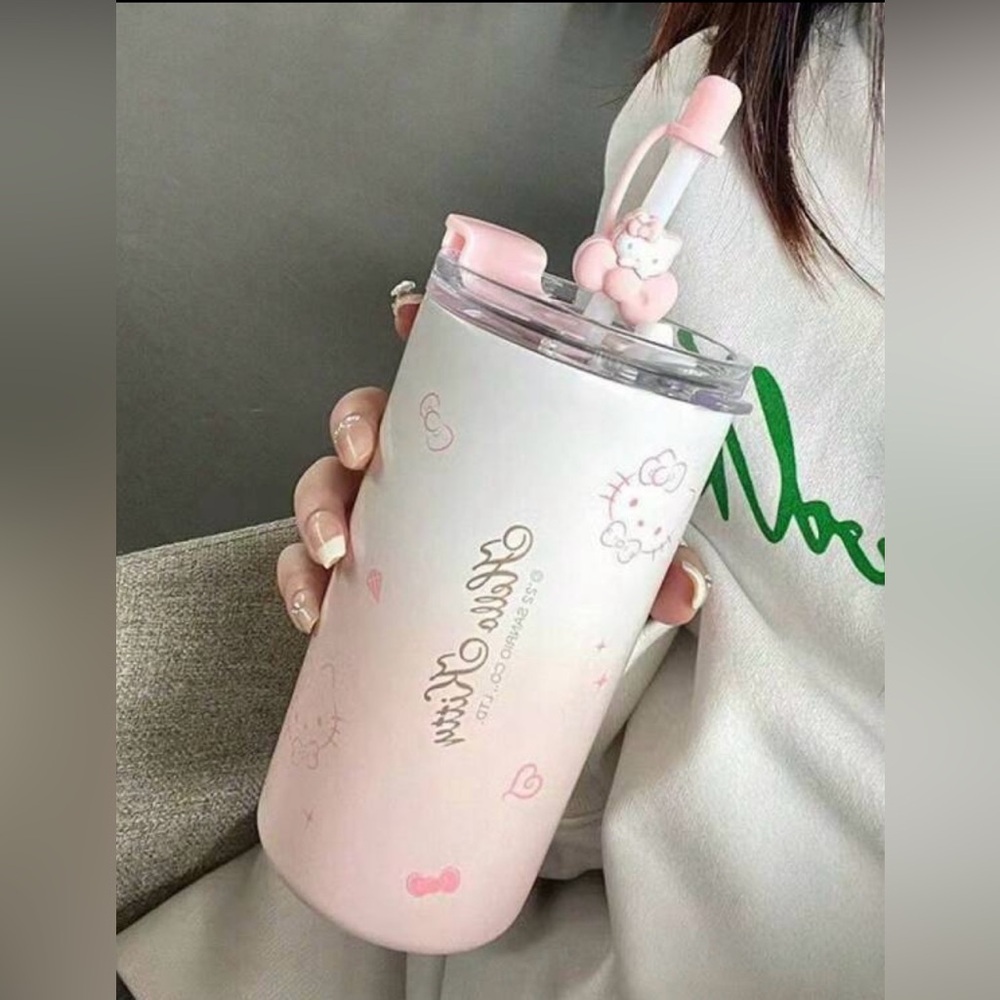Water Bottle With Straw & decor Sanrio Hello Kitty Stainless Steel Portable Cup